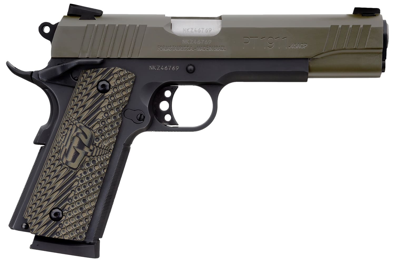 Taurus 1191101MGVZ 1911 45 ACP 8+1 5" Barrel, Matte Black Finish Beavertail Frame, Serrated Mil-Spec Green Cerakote Slide & Brown VZ Operator II Grip