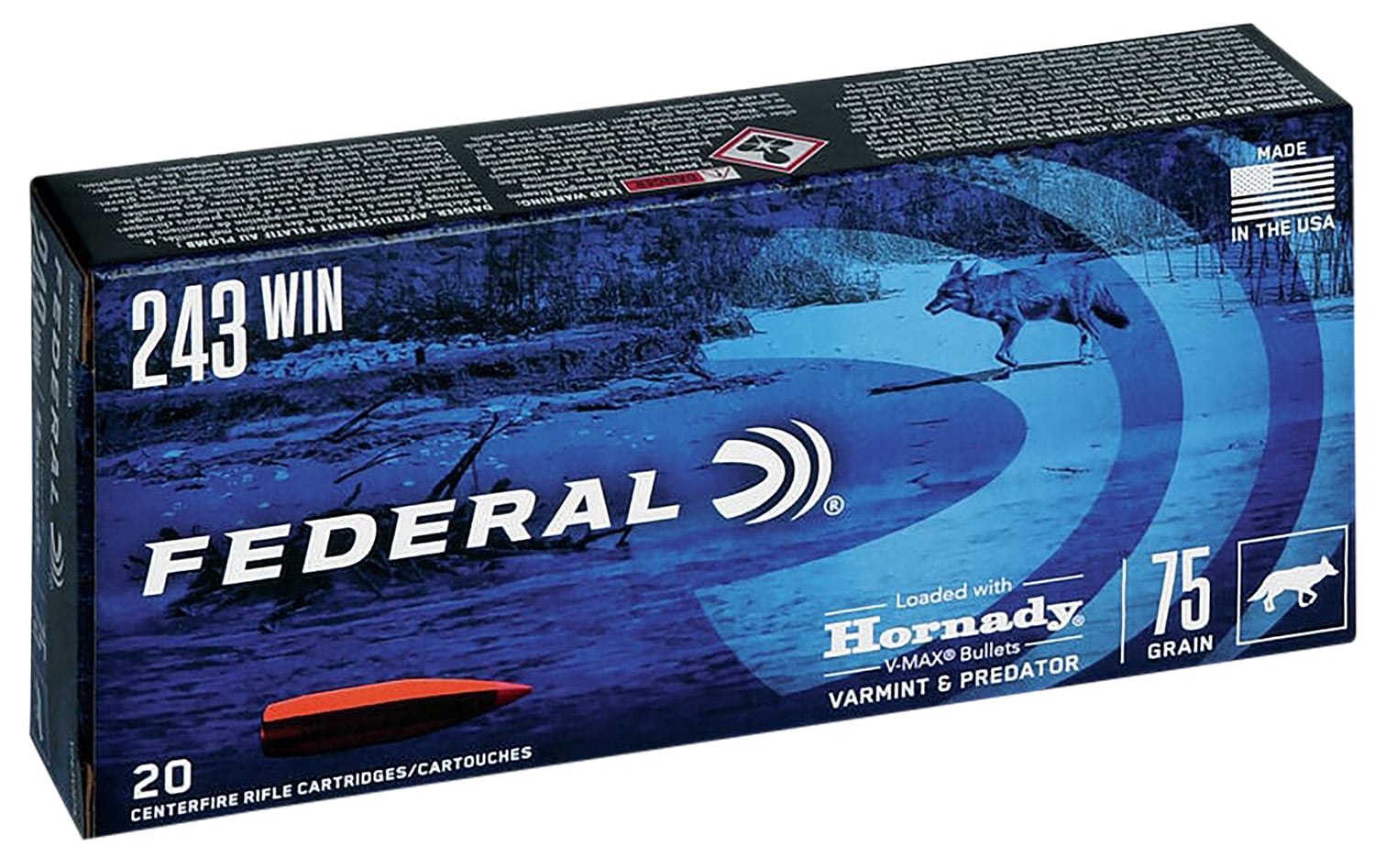 Federal V243VM75 Varmint & Predator 243Win 75gr Hornady V-Max 20 Per Box/10 Case