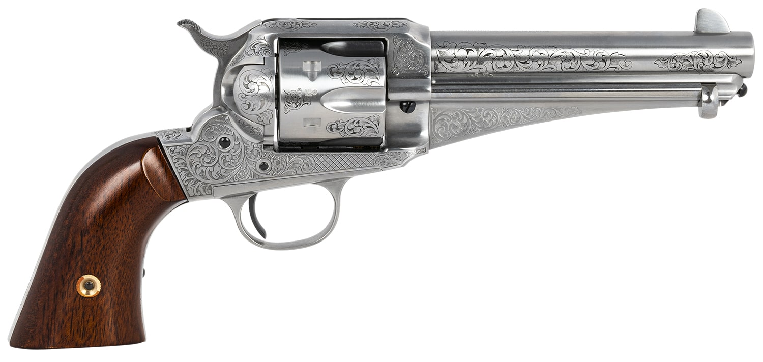 Taylors & Company 550408 1875 Army Outlaw 45 Colt (LC) Caliber with 5.50" Barrel, 6rd Capacity Cylinder, Overall White Engraved Finish Steel & Walnut Grip