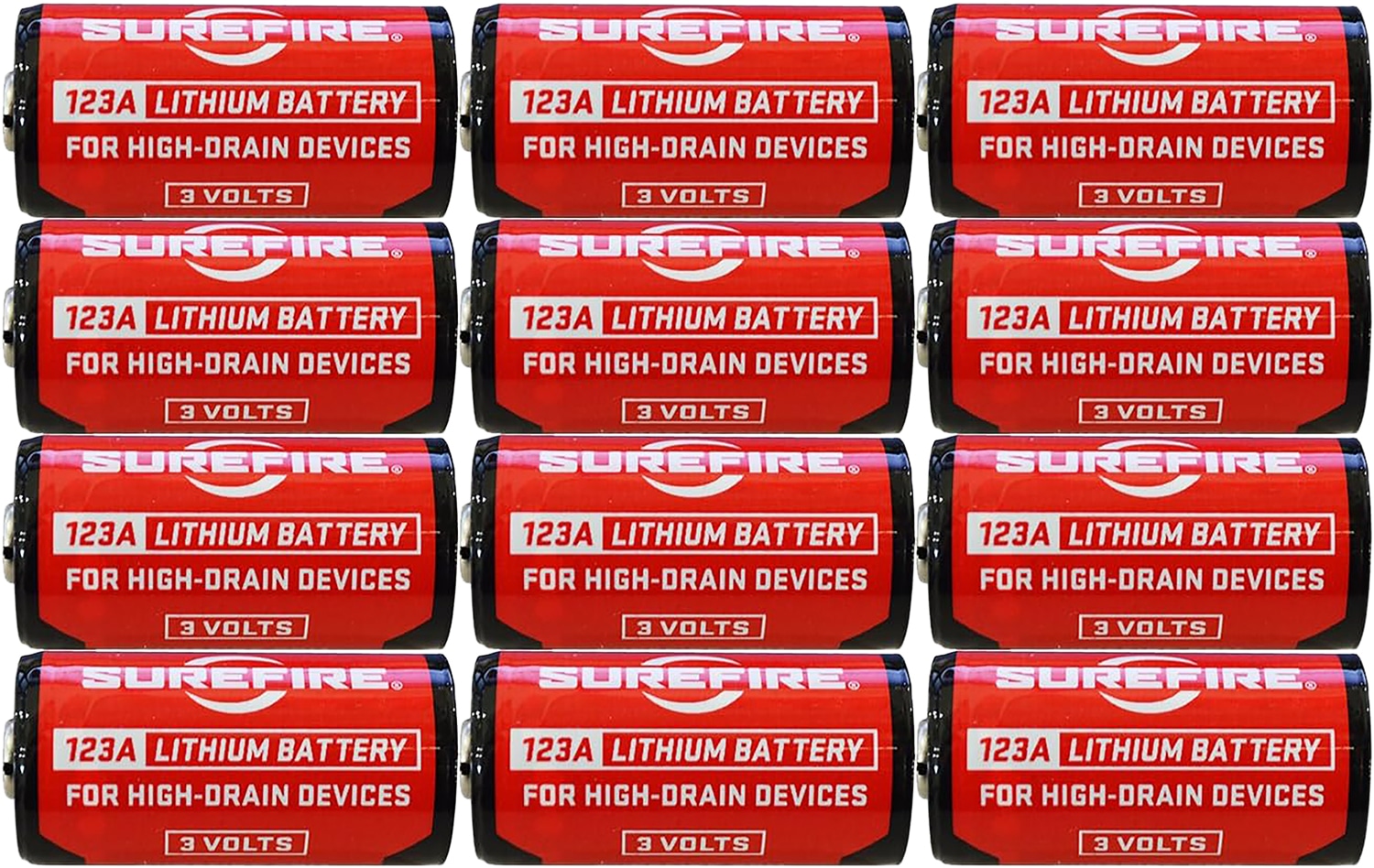 SureFire SF12ABBCS 123A Batteries Red/Black 3.0 Volts 1,550 mAh (12) Single Package Clamshell