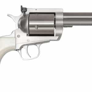 Magnum Research BFR44MAG5B6 BFR Short Cylinder 44 Rem Mag 6 Shot, 5" Brushed Stainless Steel Barrel, Cylinder & Frame, White Polymer Grip, Hammer Safety, Exposed Hammer