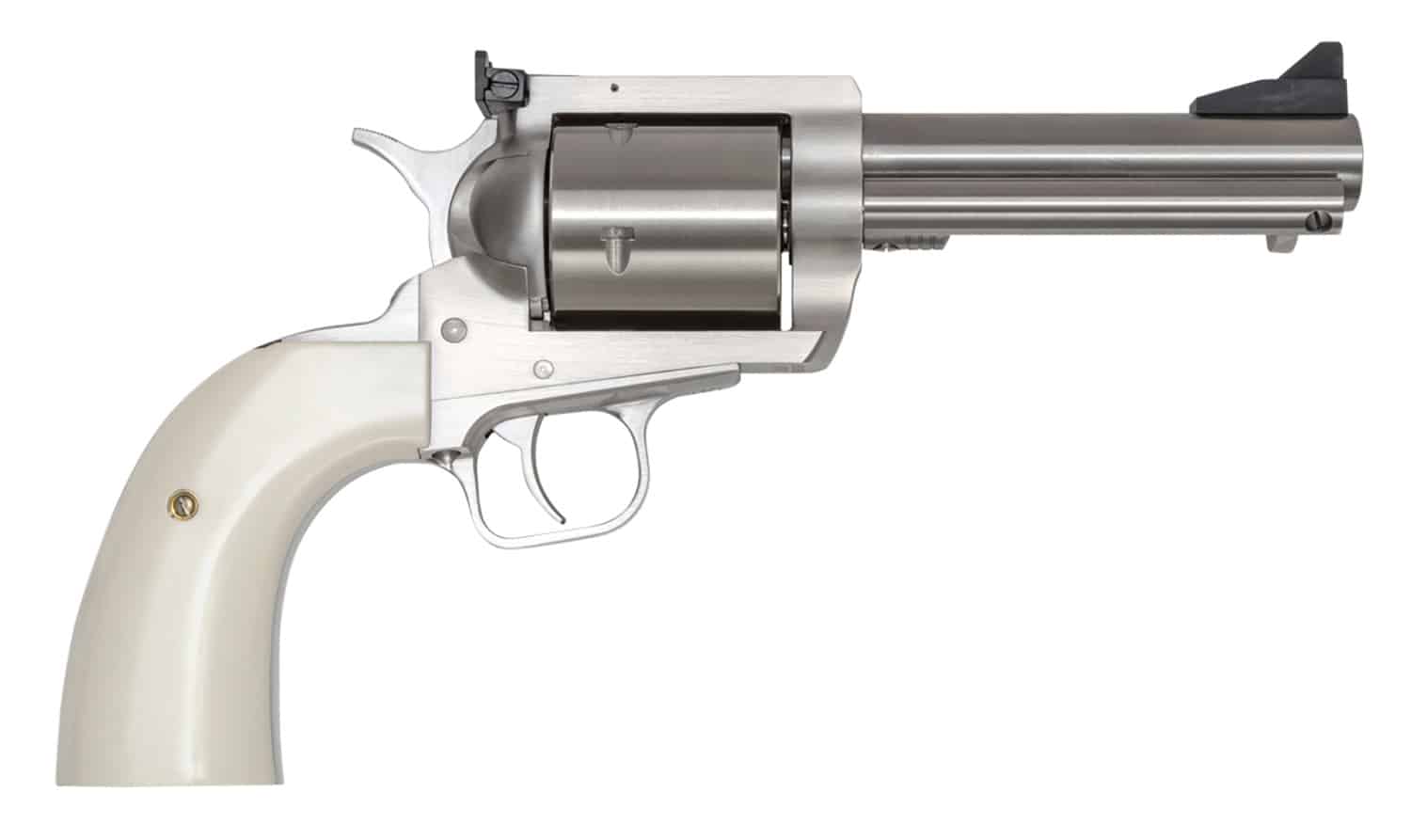 Magnum Research BFR44MAG5B6 BFR Short Cylinder 44 Rem Mag 6 Shot, 5" Brushed Stainless Steel Barrel, Cylinder & Frame, White Polymer Grip, Hammer Safety, Exposed Hammer