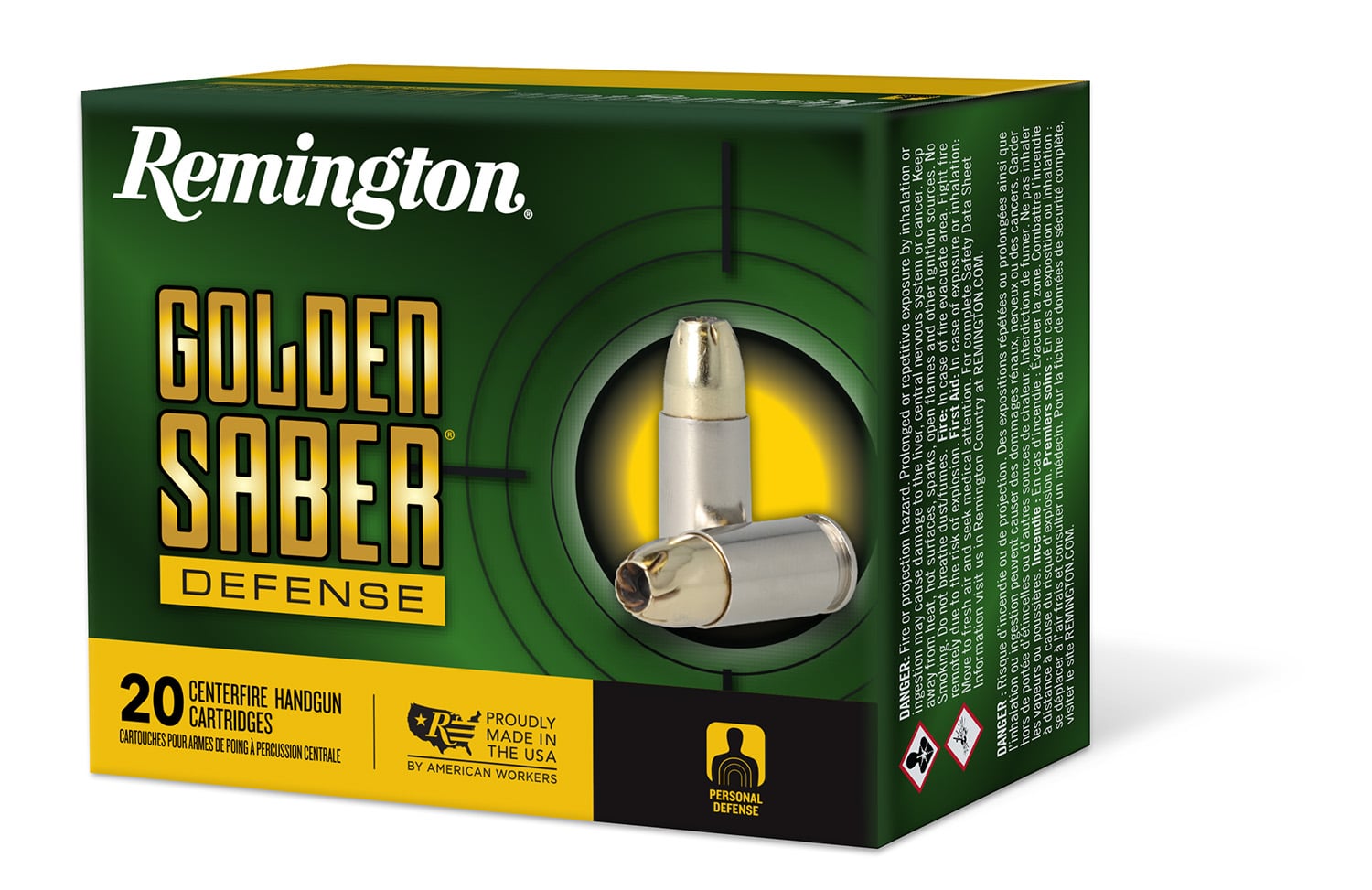 Remington Ammunition 27601 Golden Saber Defense 9mmLuger 124gr Brass Jacketed Hollow Point 20 Per Box/25 Case