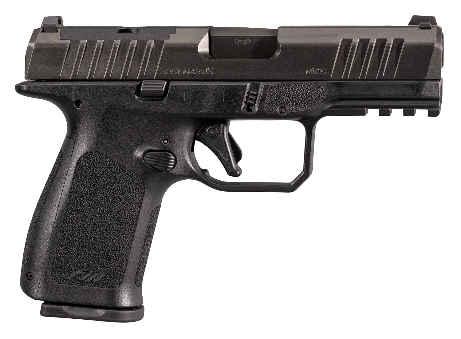 Rost Martin RM1CBLKOSP10CA RM1C *CA Compliant 9mm Luger 10+1 4" Black Compensated Match Grade Barrel, Black Tenifer Optic Ready/Serrated Steel Slide, Black Textured Grip