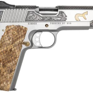 Cnc Firearms CNCRATTLER Kimber 1911 Rattler Sports South Exclusive 45 ACP Stainless Barrel, Stainless w/Gold Plating Steel Engraved/Serrated Slide & Frame w/Beavertail, Genuine Snakeskin Grip