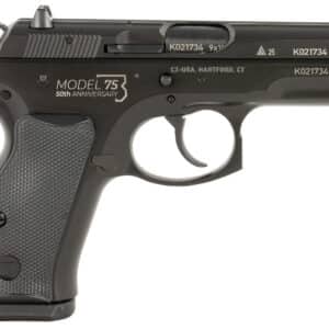 CZ-USA 91122 CZ 75 Compact 50th Anniversary 9mm Luger 15+1 3.75" Black Steel Barrel & Serrated Slide, Black Polycoat Steel Frame w/Beavertail, Black Plastic Grip, Right Hand
