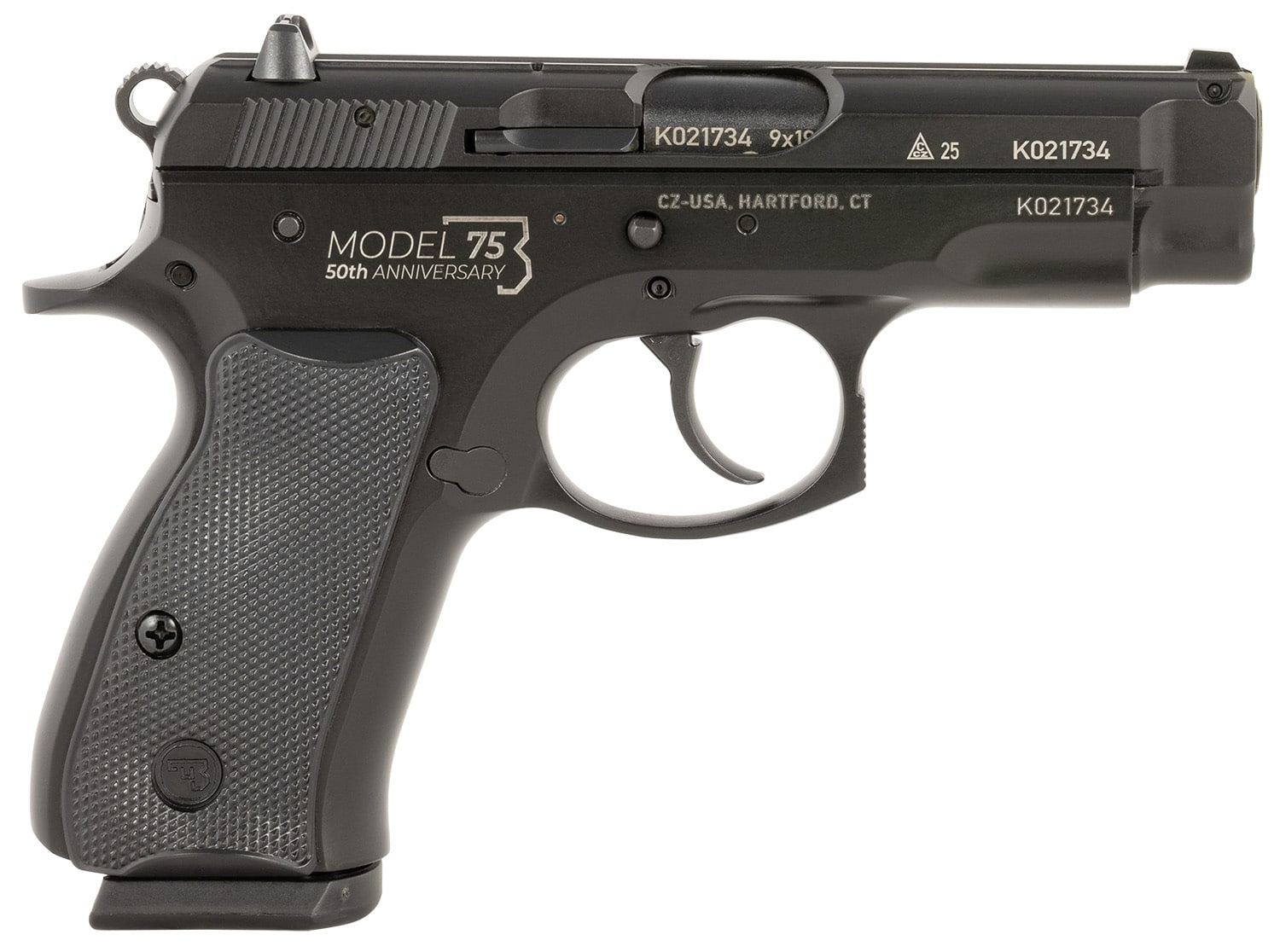 CZ-USA 91122 CZ 75 Compact 50th Anniversary 9mm Luger 15+1 3.75" Black Steel Barrel & Serrated Slide, Black Polycoat Steel Frame w/Beavertail, Black Plastic Grip, Right Hand