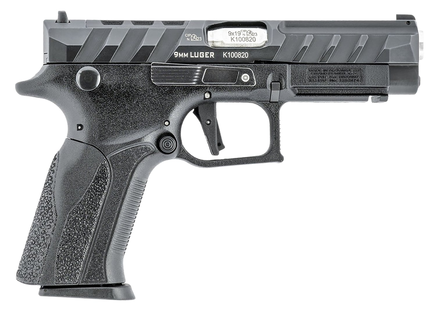 Grand Power 8588005808668 Q100 Mk23 9mm Luger 15+1 4.25" Stainless Rotating Barrel, Black Steel Optic Ready/Serrated Slide, Black Steel Frame w/Accessory Rail & Beavertail, Textured Grip