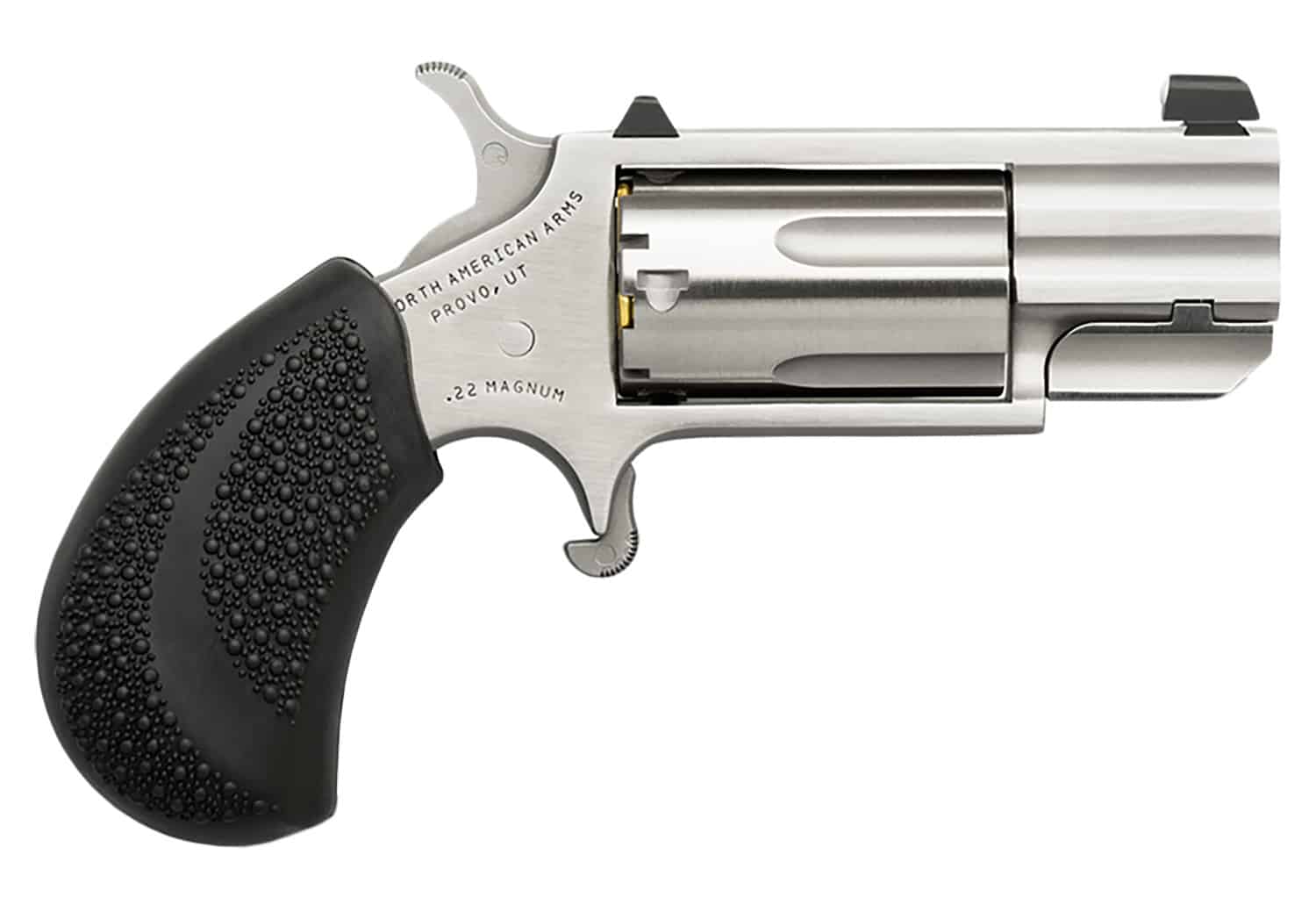 North American Arms PUGD Pug 22 WMR 5 Shot 1" Stainless Steel Barrel, Frame & Cylinder, Black Pebbled Rubber Grip, Exposed Hammer
