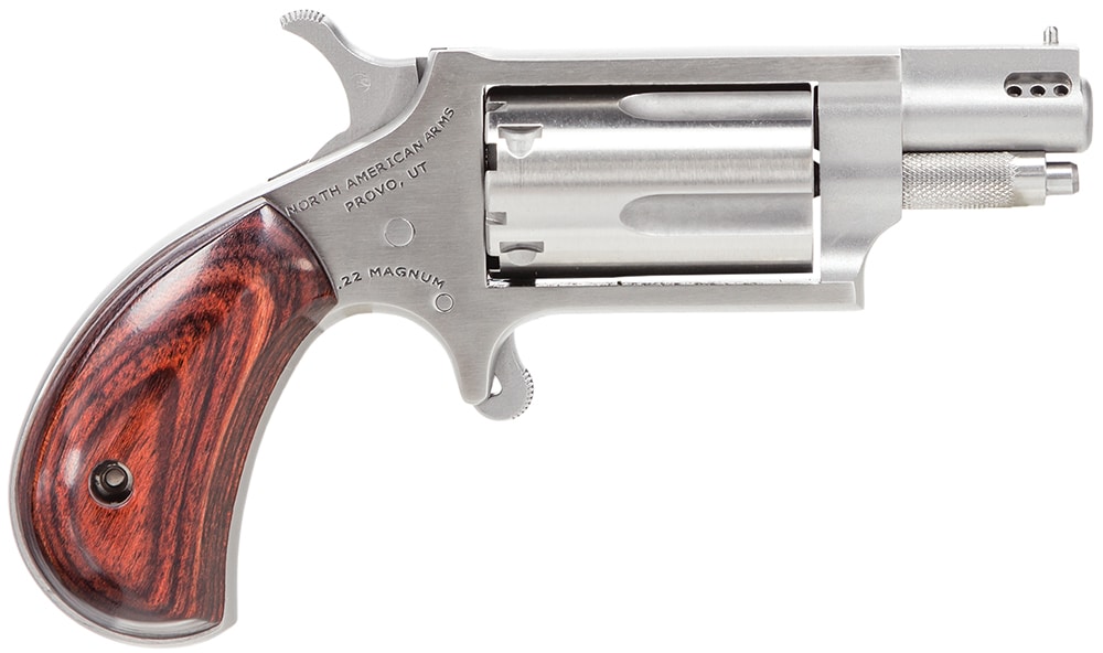 North American Arms 22MSP Mini-Revolver 22 WMR 5 Shot 1.13" Stainless Steel Ported Barrel, Frame & Cylinder, Rosewood Birdshead Grip, Exposed Hammer