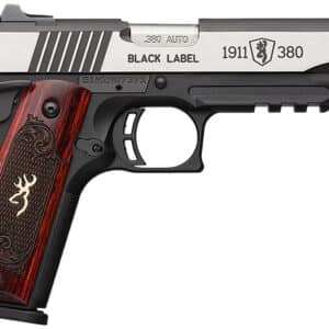 Browning 051971492 1911 Black Label Medallion Pro 380 ACP 8+1 4.25" Target Crown Barrel, Blackened w/Silver Polished Flats Serrated SS Slide, Matte Black Polymer Frame w/Beavertail & Picatinny Rail