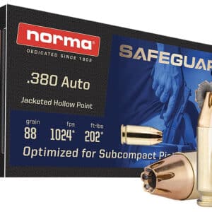 Norma Ammunition 803807680 Safeguard 380ACP 88gr Jacketed Hollow Point 50 Per Box/20 Case