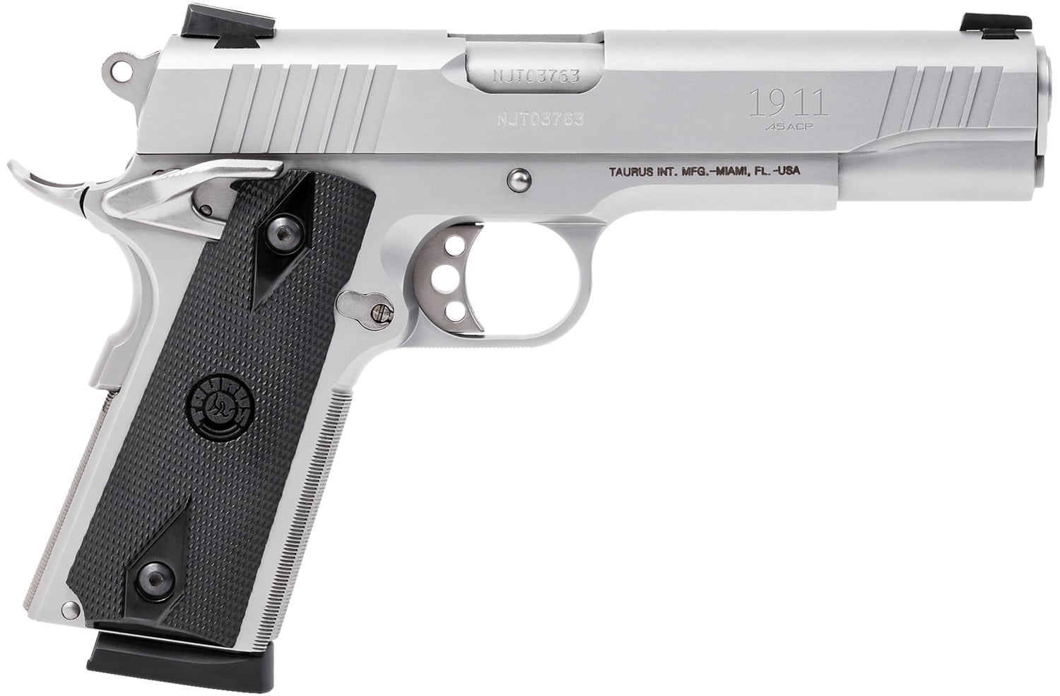 Taurus 1-191109 1911 Full Size Frame 45 ACP 8+1 5" Matte Stainless Steel Barrel, Serrated Slide, Matte Stainless Steel Frame w/Beavertail, Black Checkered Polymer Grip, Right Hand