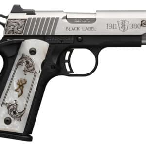 Browning 051967492 1911 Black Label Medallion Compact 380 ACP 8+1 3.63" Matte Stainless Stainless Steel Barrel & Serrated Slide, Matte Black Polymer Frame w/Beavertail, White Imitation Pearl Grip