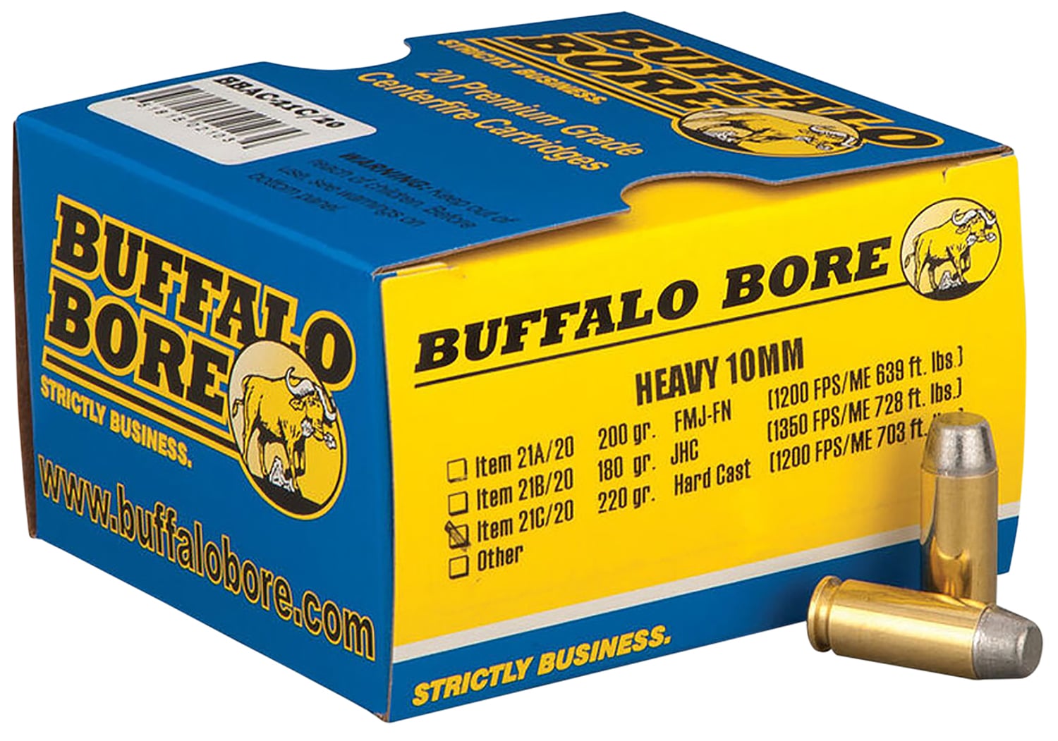 Buffalo Bore Ammunition 21C20 Outdoorsman Strictly Business 10mmAuto 220gr Hard Cast Flat Nose 20 Per Box/12 Case
