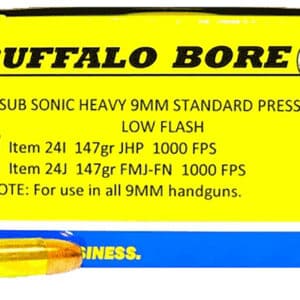 Buffalo Bore Ammunition 24I20 Subsonic Strictly Business 9mmLuger Subsonic 147gr Jacketed Hollow Point 20 Per Box/12 Case