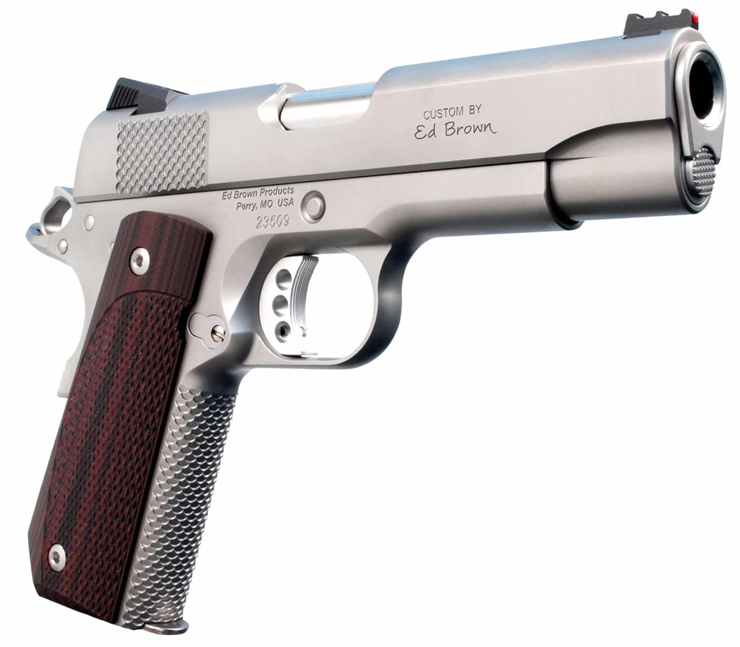 Ed Brown KC18SS 1911 Kobra Carry Serrated Frame 45 ACP 7+1 4.25" Stainless Recessed Crown Barrel, Matte Stainless Serrated Steel Slide & Frame, Laminate Wood Grip, Right Hand