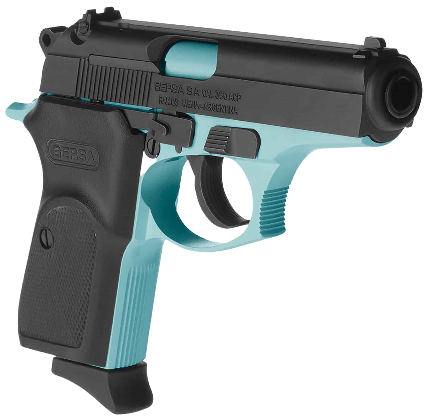 Bersa T380BLM8 Thunder Micro-Compact Frame 380 ACP 8+1, 3.50" Robin Egg Blue Cerakote Steel Barrel, Matte Black Serrated Steel Slide, Robin Egg Blue Cerakote Aluminum Frame