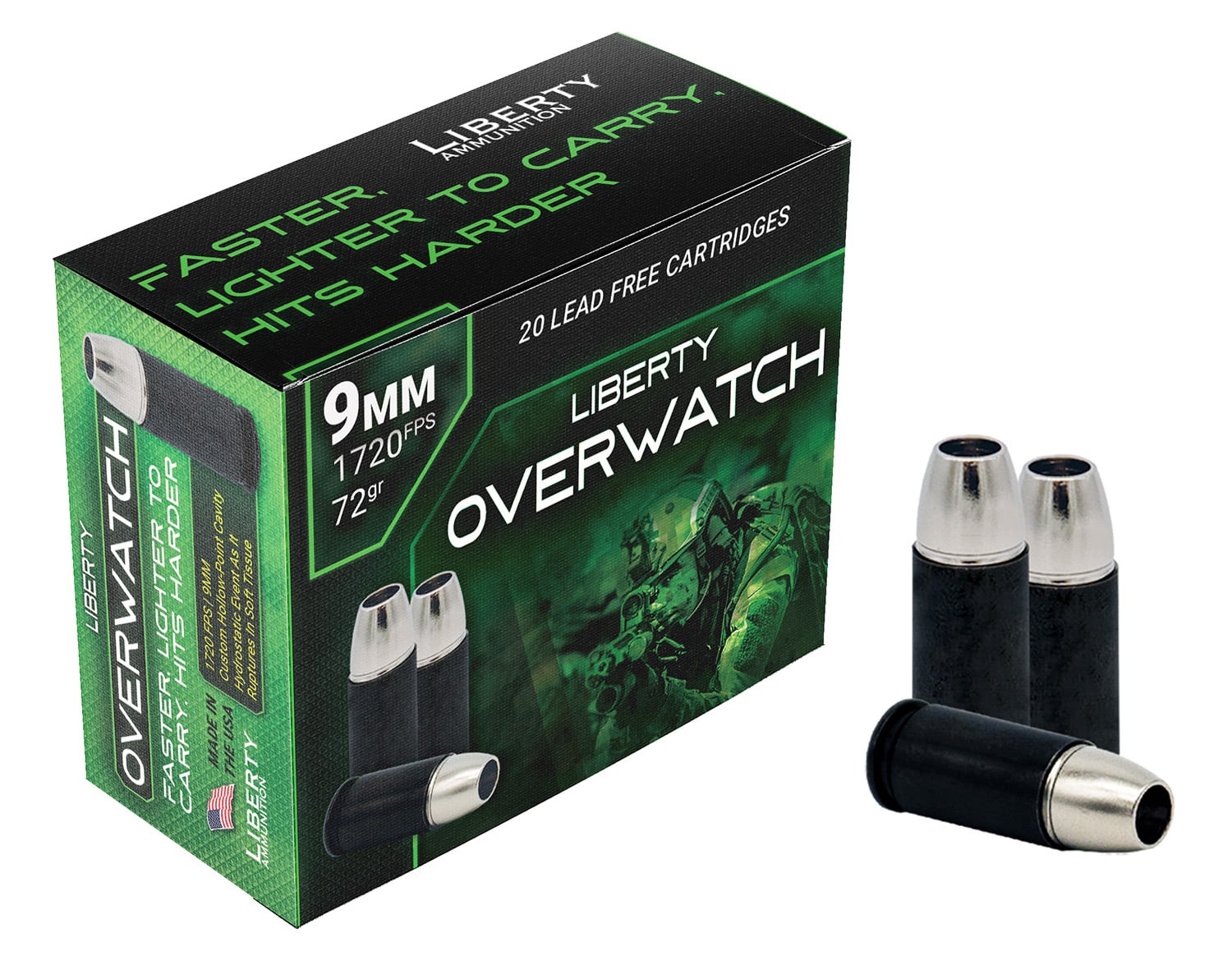 Liberty Ammunition LAOW9MM721700 OverWatch 9mmLuger 72gr Open Cavity Design 20 Per Box/50 Case