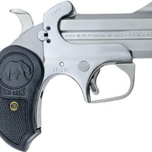 Bond Arms BAPB Papa Bear  45 Colt (LC)/410 Gauge 2rd 3" Stainless Steel Double Barrel & Frame, Auto Extractors & Rebounding Hammer, Blade Front/Fixed Rear Sights, Extended Rubber Grip, Manual Safety