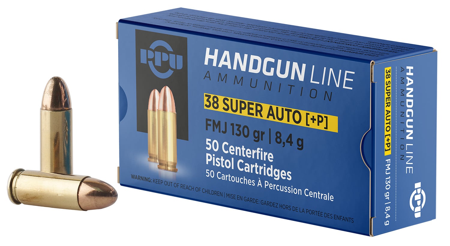 PPU PPH38SU Handgun 38Super+P 130gr Full Metal Jacket 50 Per Box/10 Case