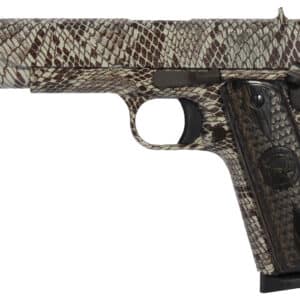 Iver Johnson Arms 1911A1COPPERHEAD 1911 A1 Copperhead 45 ACP 8+1 5" Black Steel Barrel, Tan Snakeskin Hydrographic Serrated Steel Slide & Frame w/Beavertail, Black Snakeskin Diamondwood Grip