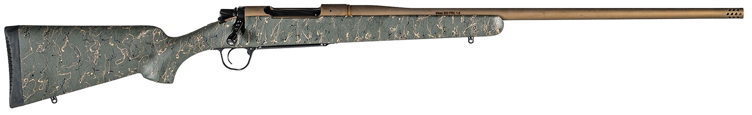 Christensen Arms 8010201700 Mesa Long Range 300 PRC 3+1 26" Threaded Barrel, Burnt Bronze Cerakote, Green with Black/Tan Webbing Stock