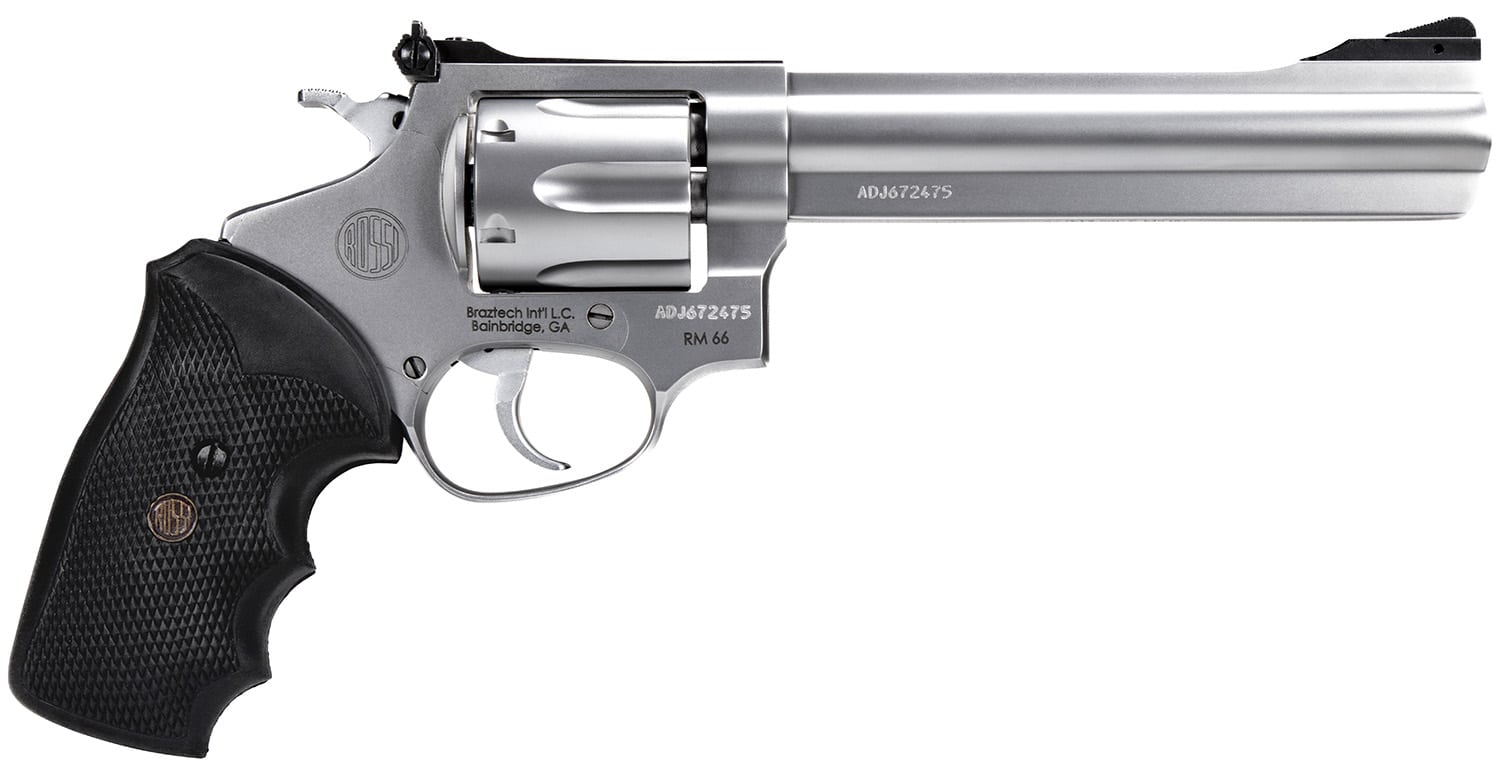 Rossi 2RM669 RM66 357 Mag 6 Shot 6" Satin Stainless Steel Barrel, Cylinder & Frame Black Checkered Rubber Grip