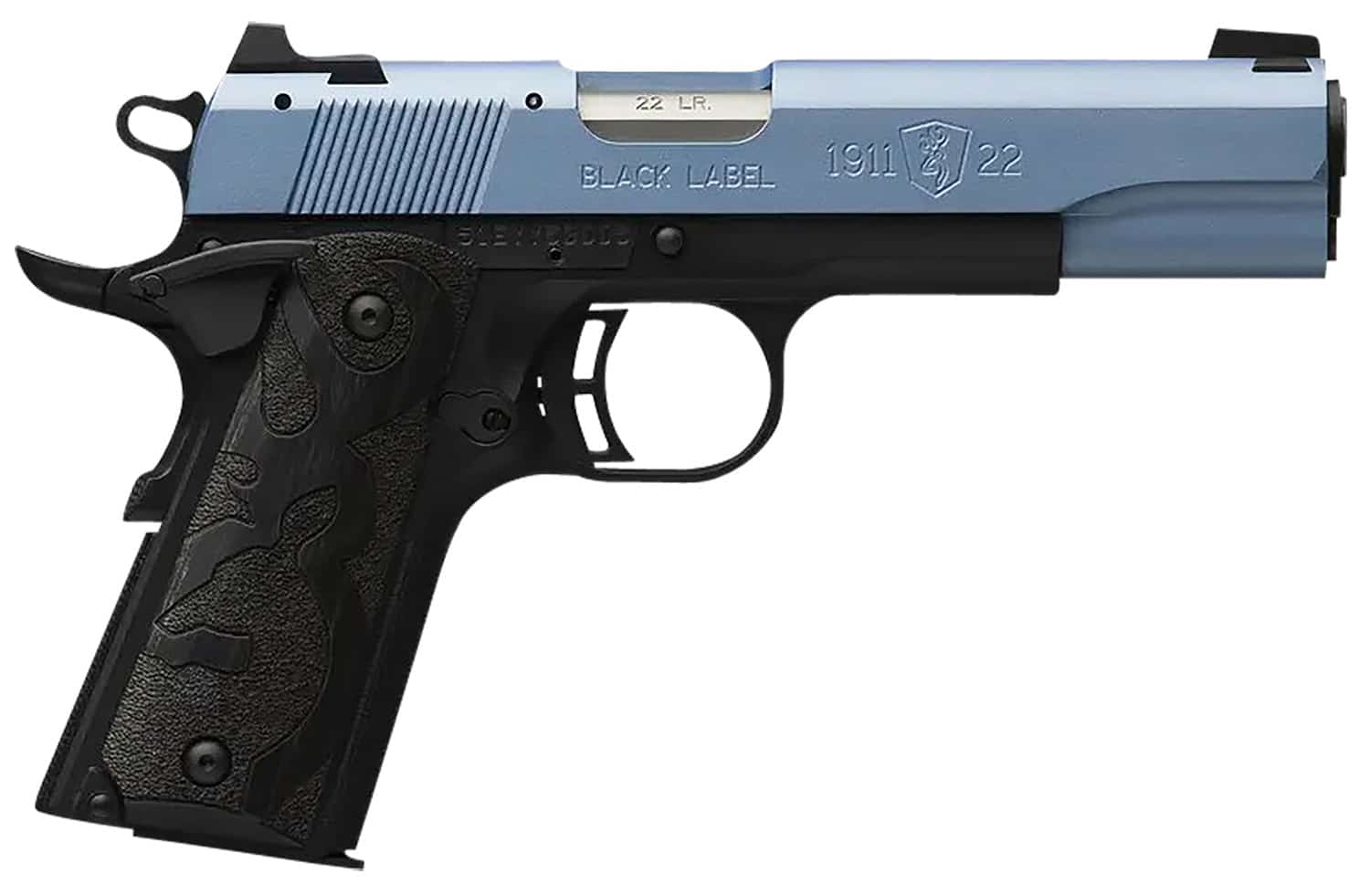 Browning 051897490 1911 Black Label Full Size Frame 22 LR 10+1, 4.25" Matte Stainless Steel Barrel, Polar Blue Cerakote Serrated Slide, Matte Black Polymer Frame w/Beavertail, Black Laminate Wood Grip