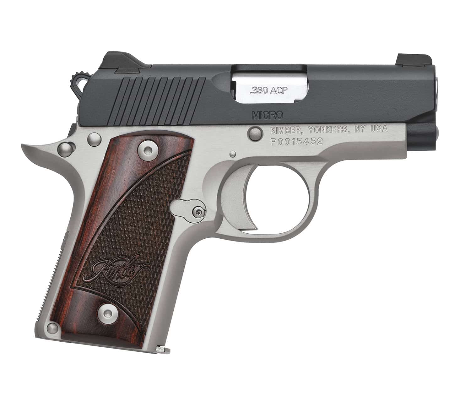 Kimber Mfg.,inc 3300206 Micro Two-Tone NS 380 ACP 7+1 2.75" Matte Black Stainless Steel Slide Brush Polished Checkered Rosewood Grip