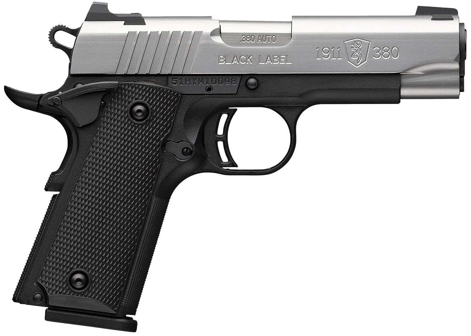 Browning 051119492 1911 Black Label Compact 380 ACP 8+1 3.63" Stainless Steel Barrel, Satin Stainless Steel Serrated Slide, Matte Black Polymer Frame, Black Polymer Grip