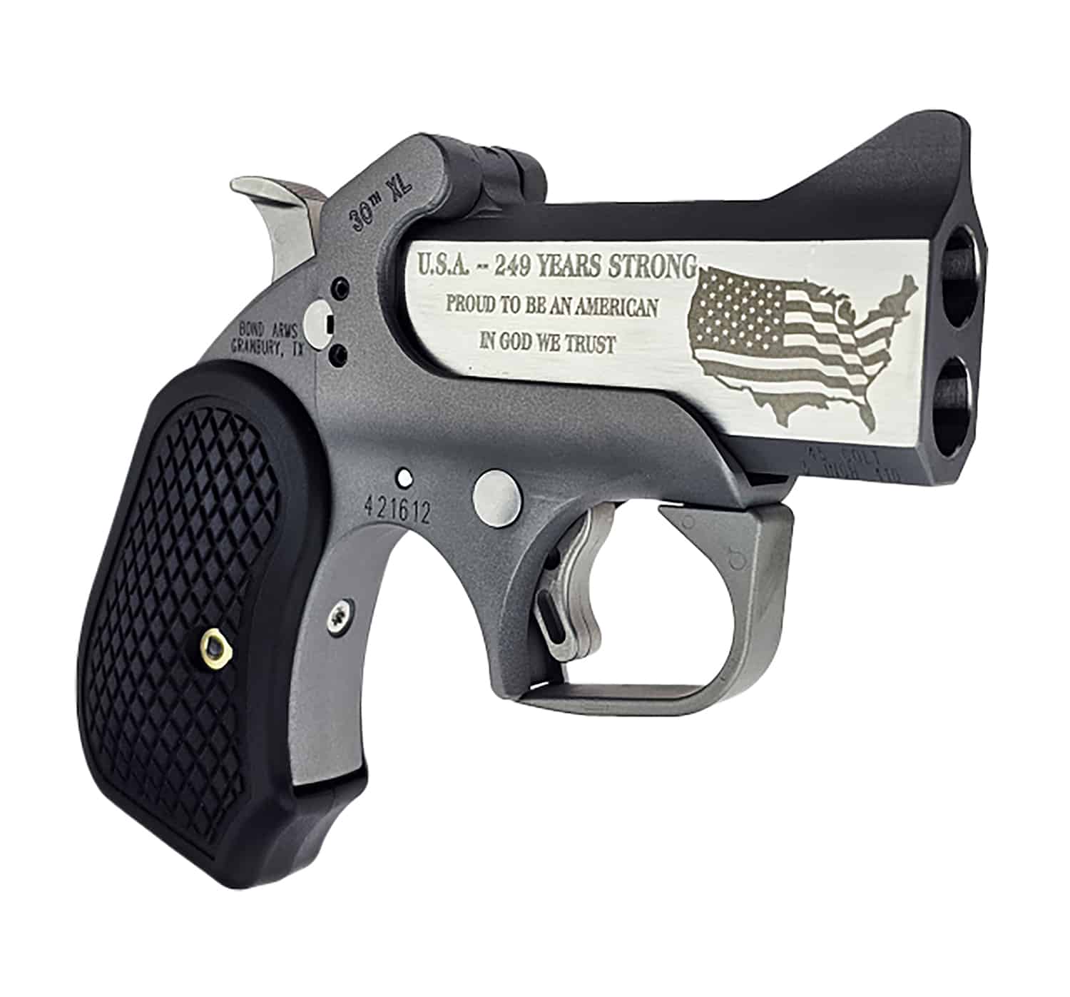 Bond Arms BA30THXL-45LC/410 30th XL 45 Colt (Long Colt)/410 Gauge 2 Shot 3" Engraved Matte Stainless Steel Barrel, Rough Matte Stainless Steel Frame, Black B6 Resin Grips