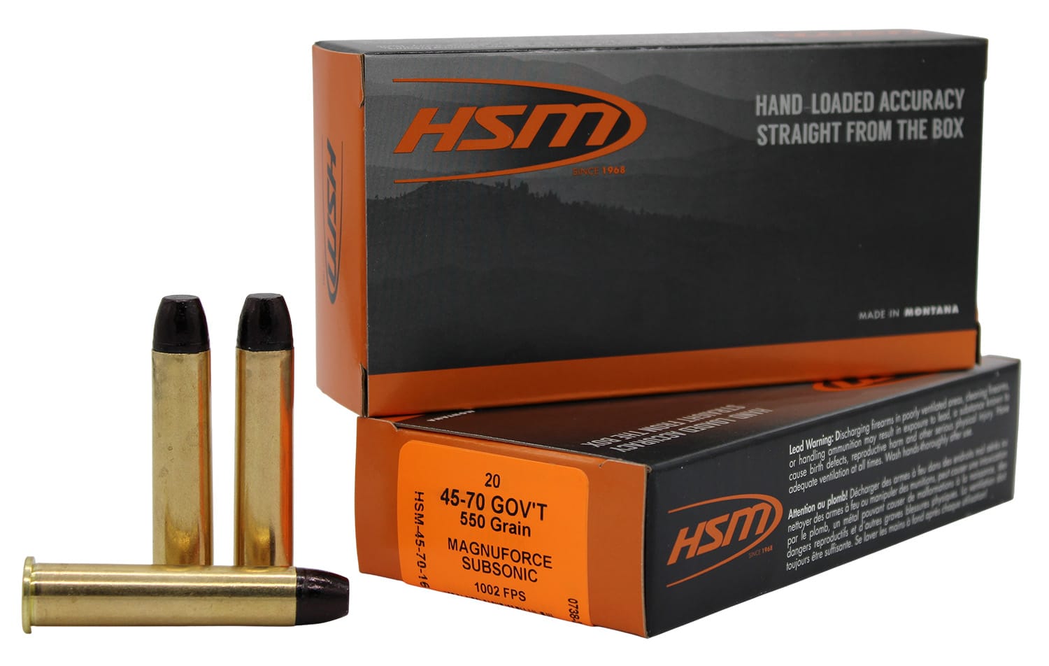 HSM 457016N 45-70Gov 550gr Hard Cast Long Flat Nose 20 Per Box/25 Case