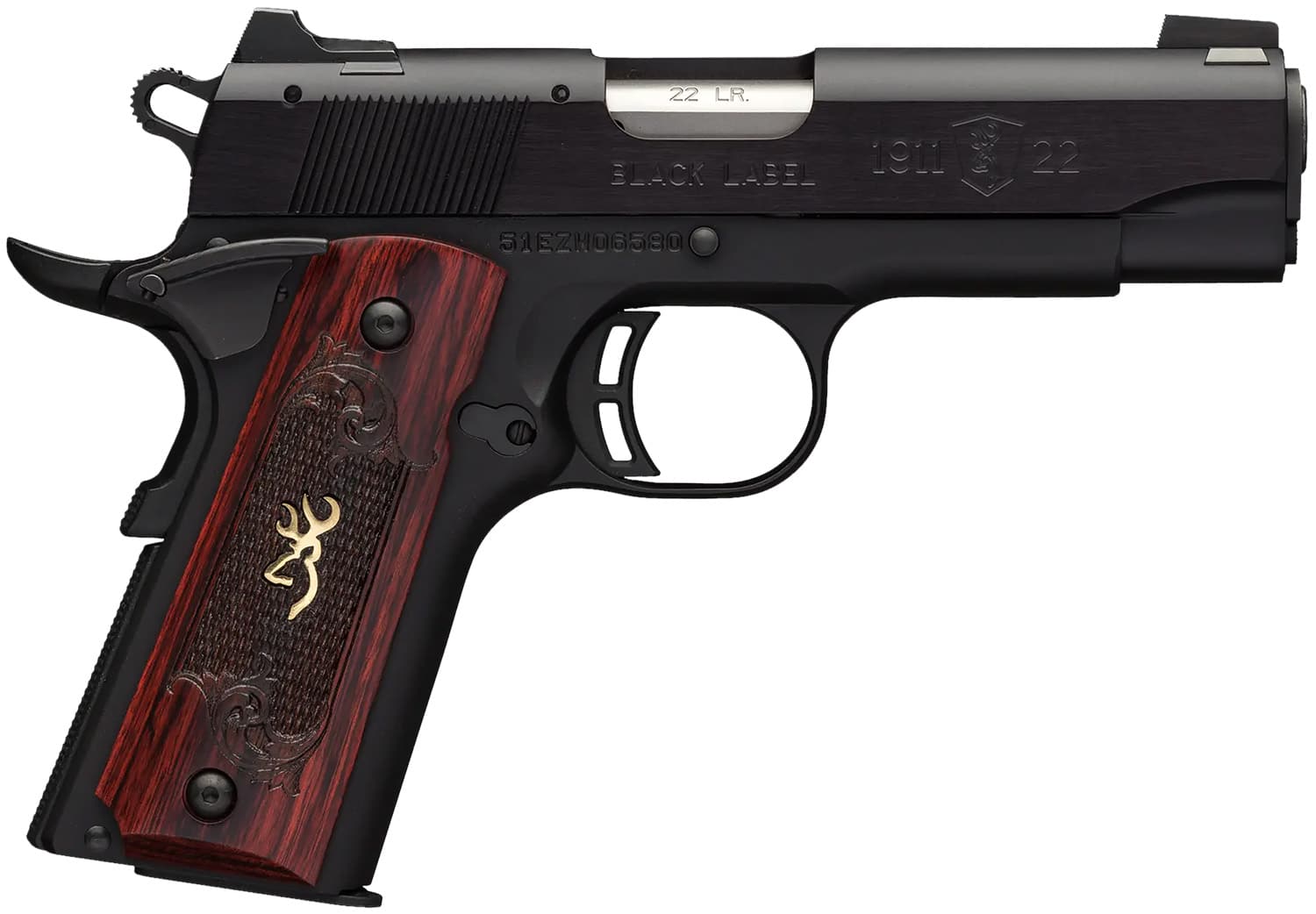 Browning 051852490 1911 Black Label Medallion Compact 22 LR 10+1, 3.63" Target Crown Barrel, Matte Black Serrated Slide & Aluminum Frame w/Beavertail