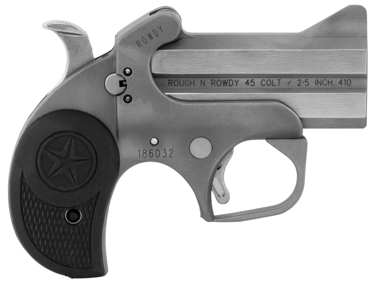 Bond Arms BARW Rowdy 45 Colt (LC)/410 Gauge 2rd 3" Polished Stainless Steel Double Barrel & Bead Blasted Frame, Auto Extractor & Rebounding Hammer, Blade Front/Fixed Rear Sights, Rubber Grip, Manual