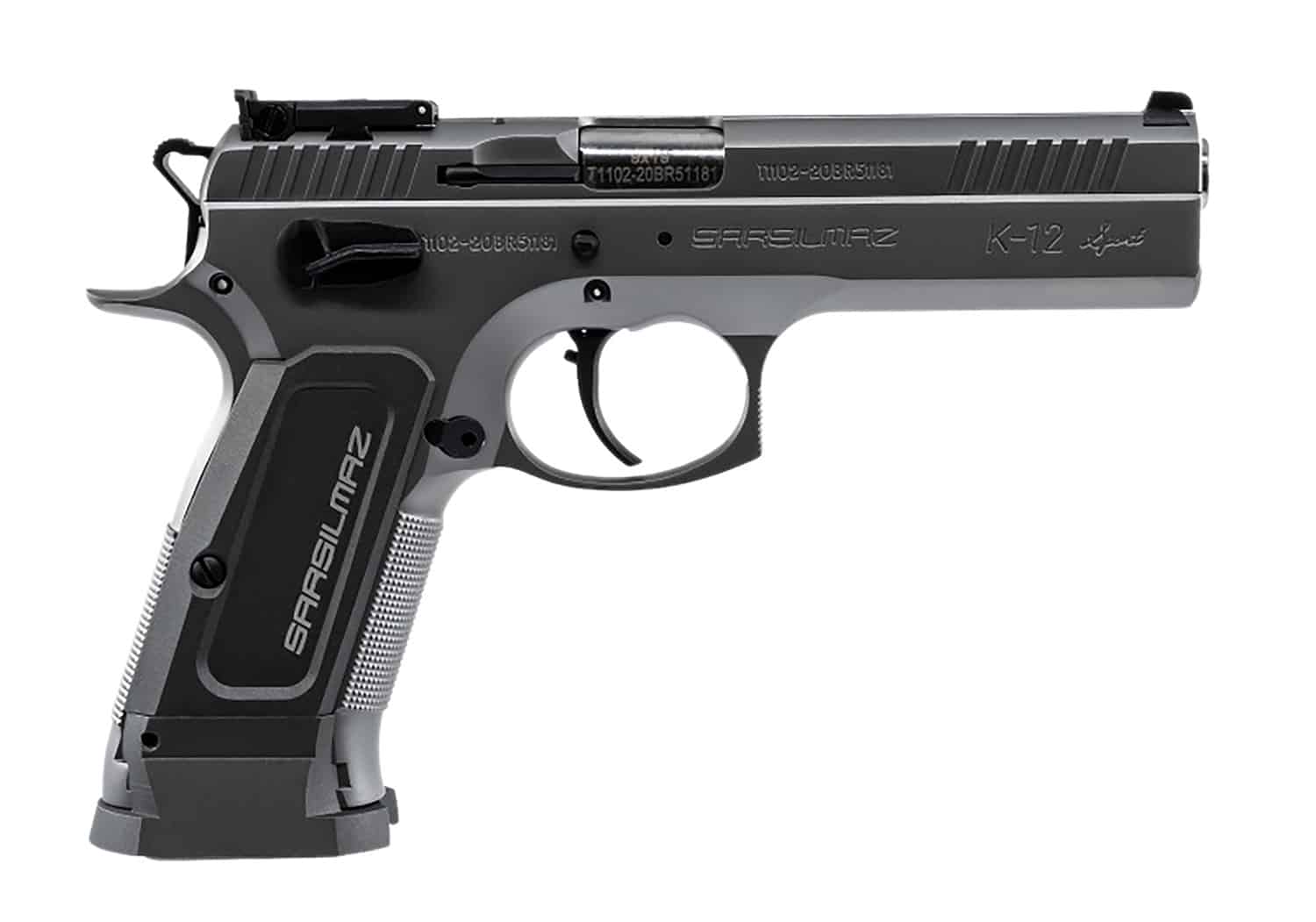 SAR USA K12STSP K12 Sport 9mm Luger 17+1 4.70" Stainless Target Crown Barrel, Stainless Steel Serrated Slide, Stainless Steel Frame w/Beavertail, Gray Polymer Grip, Right Hand