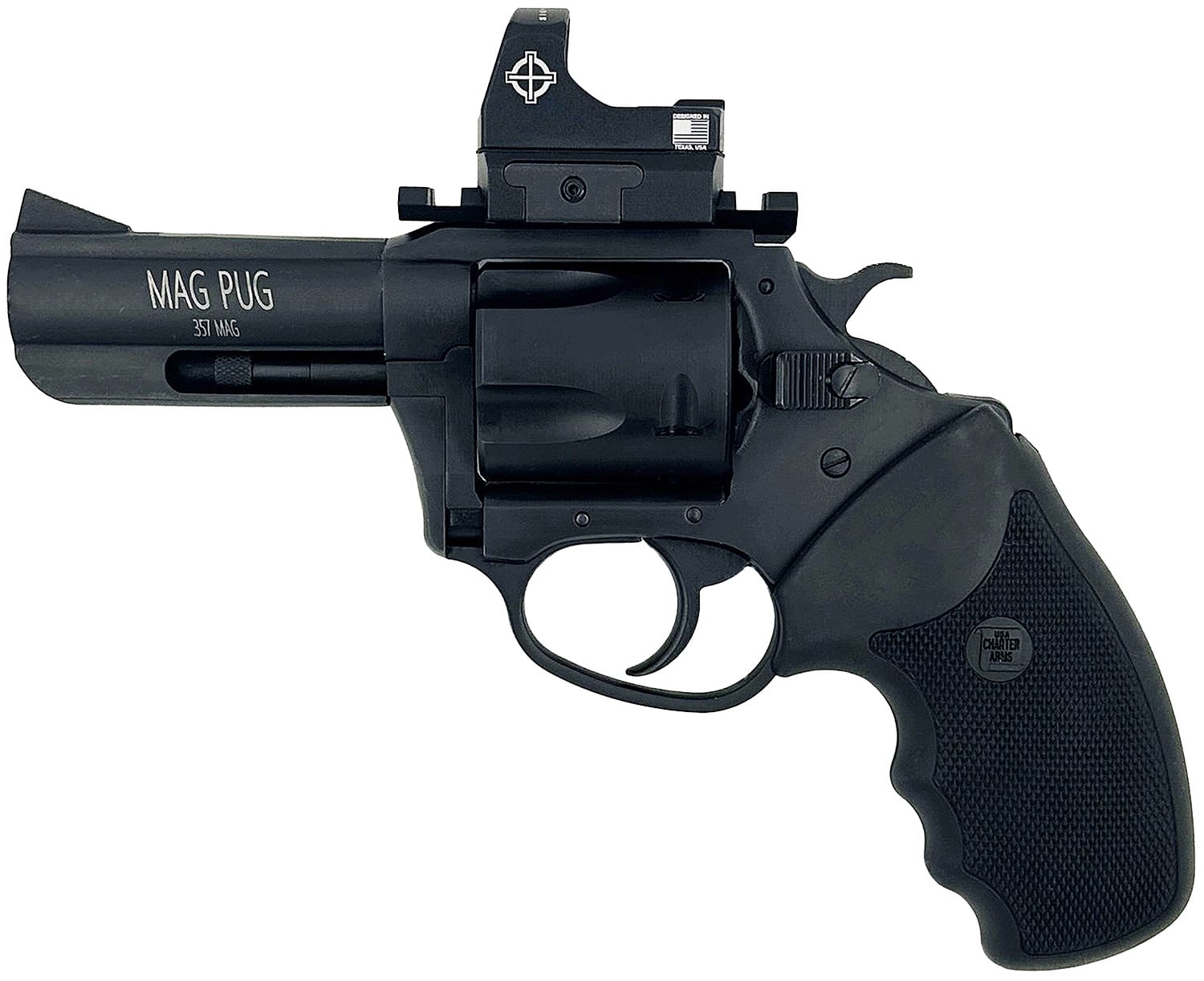 Charter Arms 13535 Mag Pug Large 357 Mag 5 Shot, 3" Black Passivate Steel Barrel & Cylinder, Black Passivate Steel w/Picatinny Rail Frame. Black Combat Rubber Grip, Includes Micro Optic
