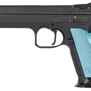 CZ-USA 01220 TS 2 9mm Luger 10+1 5.28" Black Steel Barrel, Black Nitride Serrated Slide, Black Steel Frame w/Beavertail, Blue Textured Aluminum Grip