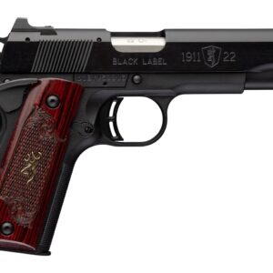 Browning 051069490 1911 Black Label Medallion Full Size Frame 22 LR 10+1 4.25" Matte Stainless Barrel, Black Anodized Aluminum Serrated Slide, Matte Black Polymer Frame w/Beavertail, Rosewood w/Gold B