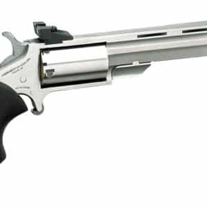 North American Arms MMTM Mini-Master *CA Compliant 22 WMR 5 Shot 4" Stainless Steel Vent Rib Barrel, Stainless Steel Frame, Stainless Cylinder, Black Finger Grooved Rubber Grip, Exposed Hammer