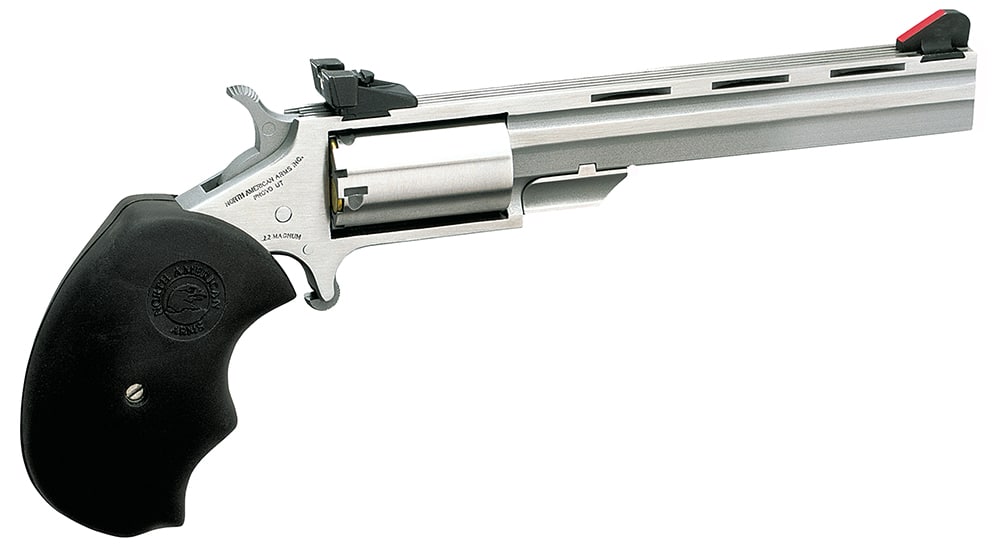 North American Arms MMTM Mini-Master *CA Compliant 22 WMR 5 Shot 4" Stainless Steel Vent Rib Barrel, Stainless Steel Frame, Stainless Cylinder, Black Finger Grooved Rubber Grip, Exposed Hammer