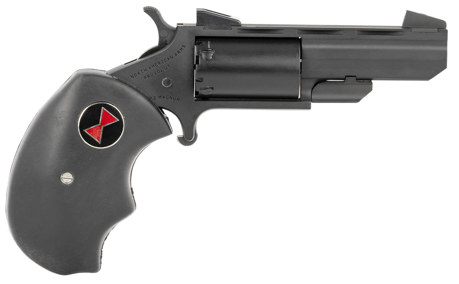 North American Arms BWMCRK Black Widow 22 WMR 5 Shot 2" Matte Black Heavy Vent Rib Barrel, Matte Black Cerakote Stainless Steel Frame, Black Cylinder, Black Finger Grooved Rubber Grip, Exposed Hammer
