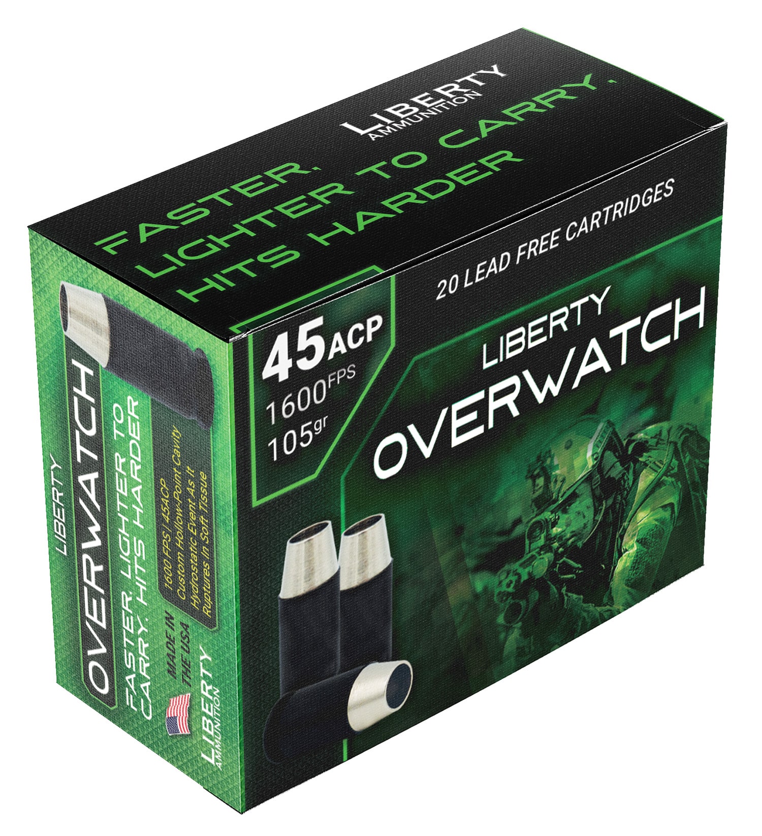 Liberty Ammunition LAOW451051600 OverWatch 45ACP 105gr Open Cavity Design 20 Per Box/50 Case