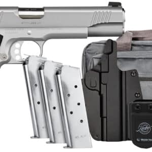 Kimber Mfg, Inc 3700826 Stainless LW Club Bundle Full Size Frame 45 ACP 7+1 5" Stainless Match Grade Barrel, Serrated Stainless Steel Slide, Stainless Aluminum Frame w/Beavertail, Black Textured Grip