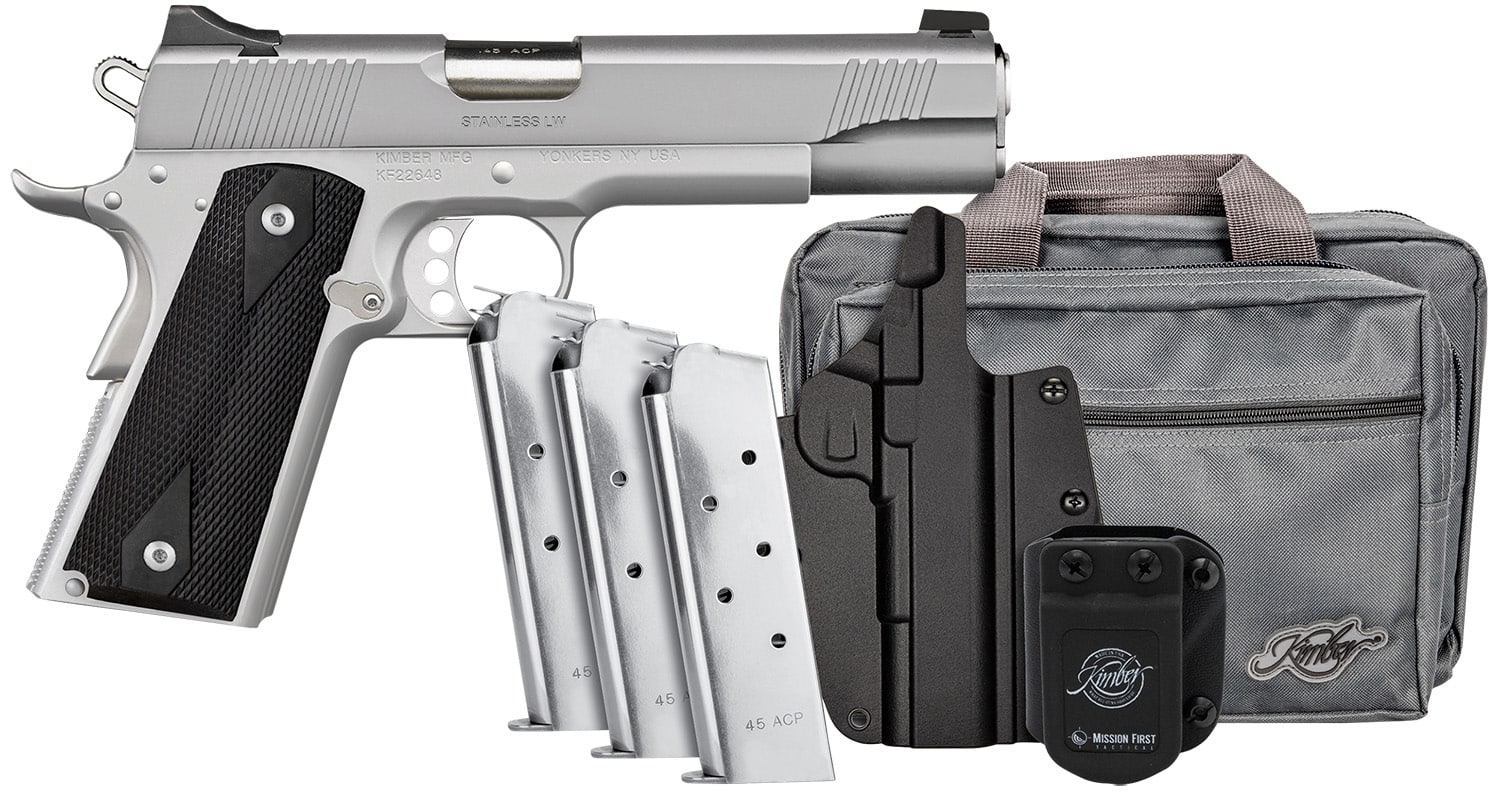 Kimber Mfg, Inc 3700826 Stainless LW Club Bundle Full Size Frame 45 ACP 7+1 5" Stainless Match Grade Barrel, Serrated Stainless Steel Slide, Stainless Aluminum Frame w/Beavertail, Black Textured Grip