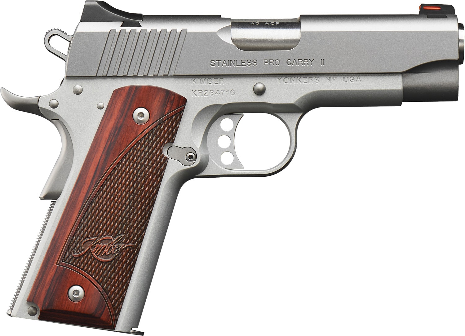 Kimber Mfg, Inc 3200324 Pro Carry II 45 ACP 7+1 4" Match Grade Stainless Steel Barrel, Satin Silver Serrated Stainless Steel Slide, Satin Silver Aluminum Frame w/Beavertail, Rosewood Grip