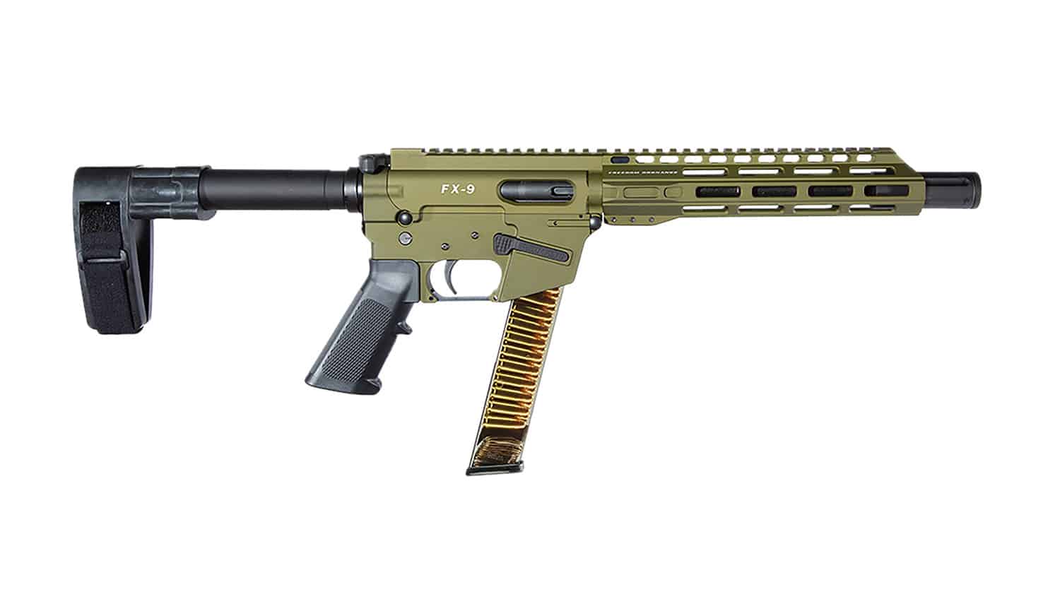 FREEDOM ORDNANCE FX9P10SBM-ODG FX9 9mm Luger 32+1 10" Black Nitride Barrel, M-LOK Handguard, OD Green Aluminum Receiver w/Picatinny Rail, OD Green Polymer SB Mini Brace, Black AR15 Grip