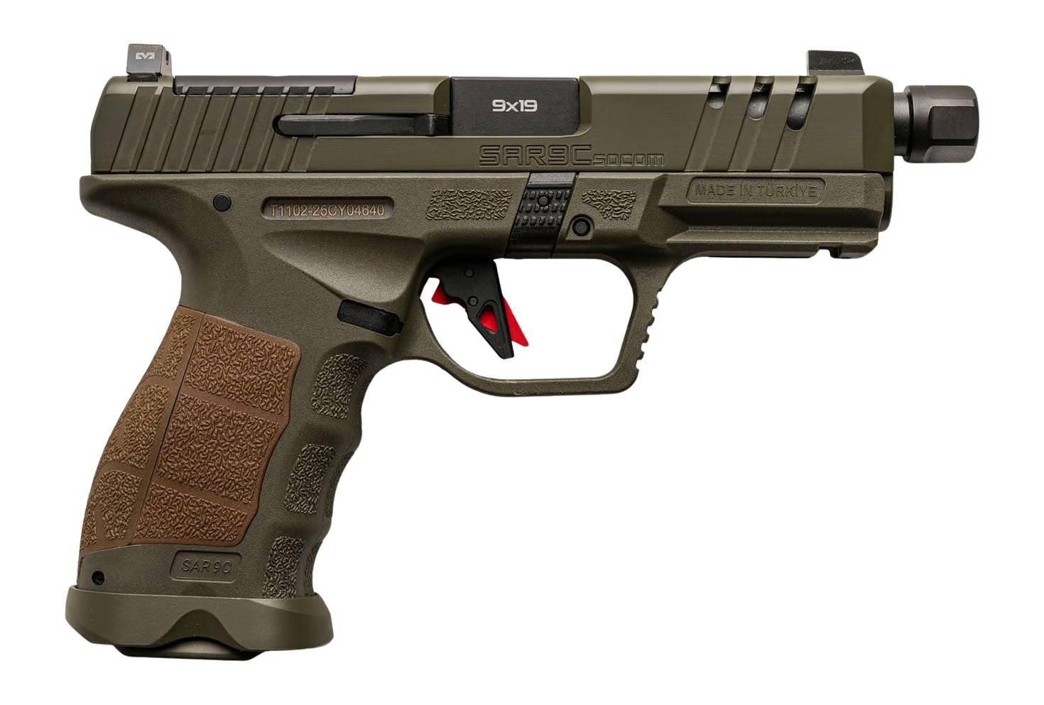 Sarsilmaz SAR9CSOCOMOD10 SAR9 SOCOM Compact 9mm Luger 10+1 4.70" Black Threaded Barrel, OD Green Steel Optic Cut/Serrated Slide, OD Green Polymer Frame w/Picatinny Rail, Interchangeable Backstrap Grip