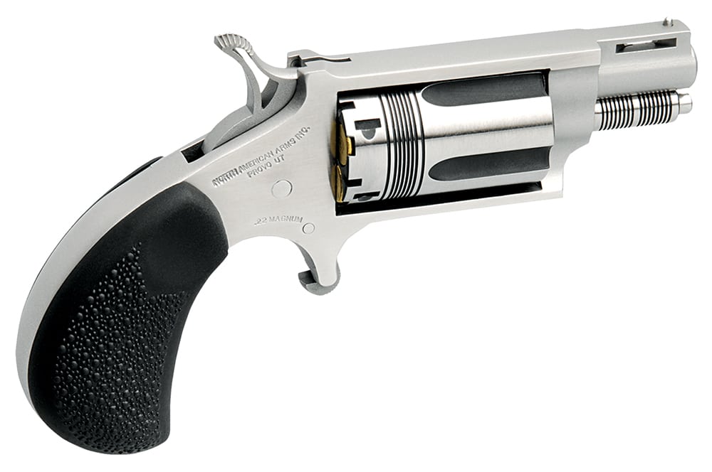 North American Arms 22MSTW Wasp Snub Nose 22 WMR 5 Shot 1.13" Stainless Steel Vent Rib Barrel, Stainless Steel Frame & Cylinder, Black Pebbled Rubber Grip, Exposed Hammer