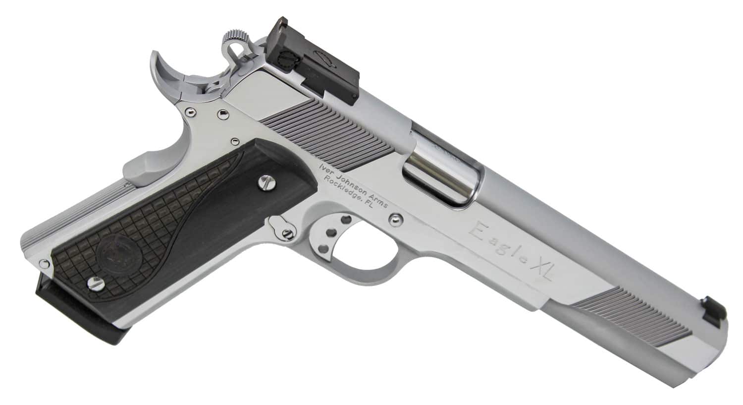 Iver Johnson Arms EAGLEXLC45 Eagle XL 45 ACP 8+1 6" Steel Barrel, Bright Chrome High Polished Long/Serrated Steel Slide & Frame w/Beavertail, Diamondwood Walnut w/Integrated Logo Grip, Right Hand